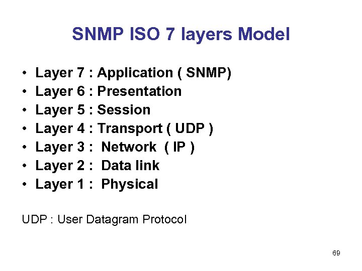 SNMP ISO 7 layers Model • • Layer 7 : Application ( SNMP) Layer