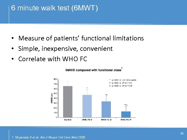 6 minute walk test (6 MWT) • Measure of patients’ functional limitations • Simple,