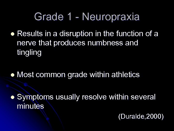 Grade 1 - Neuropraxia l Results in a disruption in the function of a