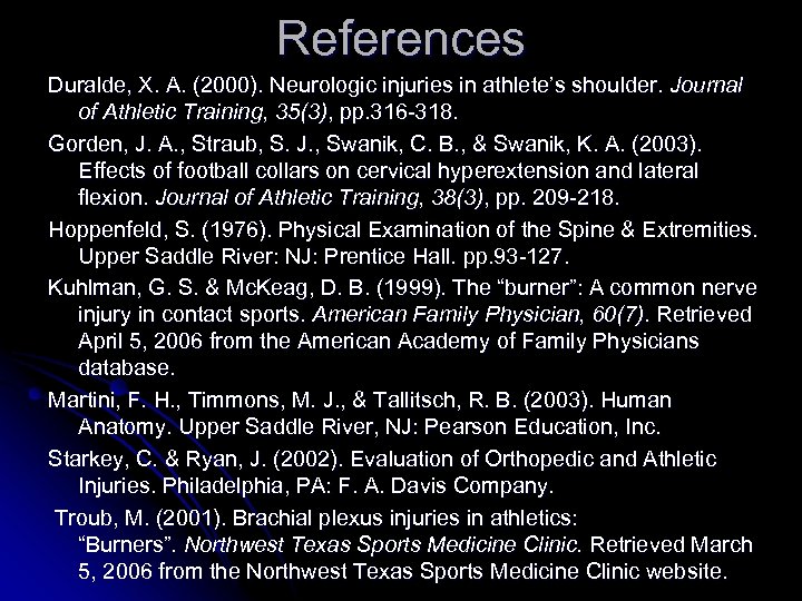 References Duralde, X. A. (2000). Neurologic injuries in athlete’s shoulder. Journal of Athletic Training,