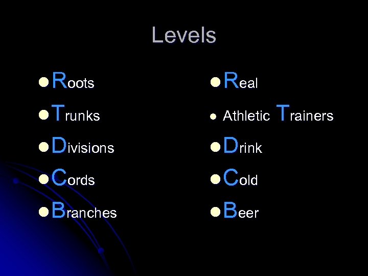 Levels l Roots l Real l Trunks l l Divisions l Drink l Cords