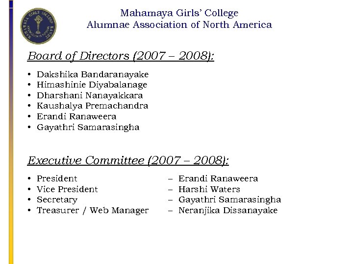 Mahamaya Girls’ College Alumnae Association of North America Board of Directors (2007 – 2008):