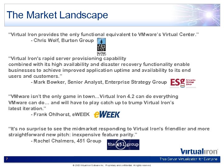 The Market Landscape “Virtual Iron provides the only functional equivalent to VMware’s Virtual Center.