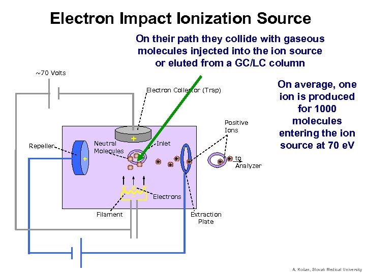 Electron Impact Ionization Source On their path they collide with gaseous molecules injected into