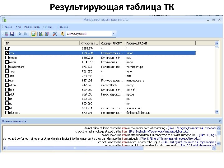 Результирующая таблица ТК 