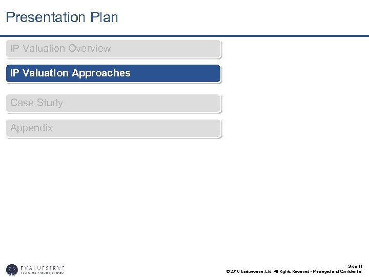 Presentation Plan IP Valuation Overview IP Valuation Approaches Case Study Appendix Slide 11 ©