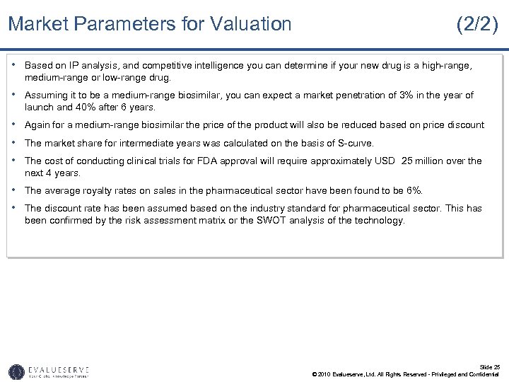 Market Parameters for Valuation (2/2) • Based on IP analysis, and competitive intelligence you