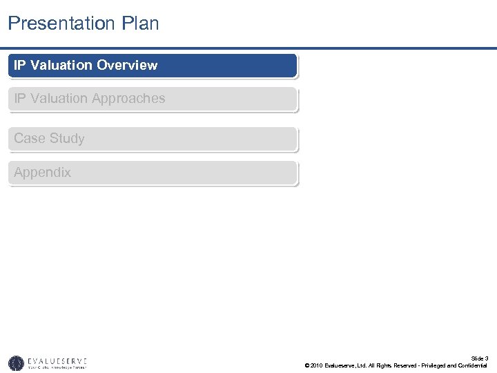 Presentation Plan IP Valuation Overview IP Valuation Approaches Case Study Appendix Slide 3 ©