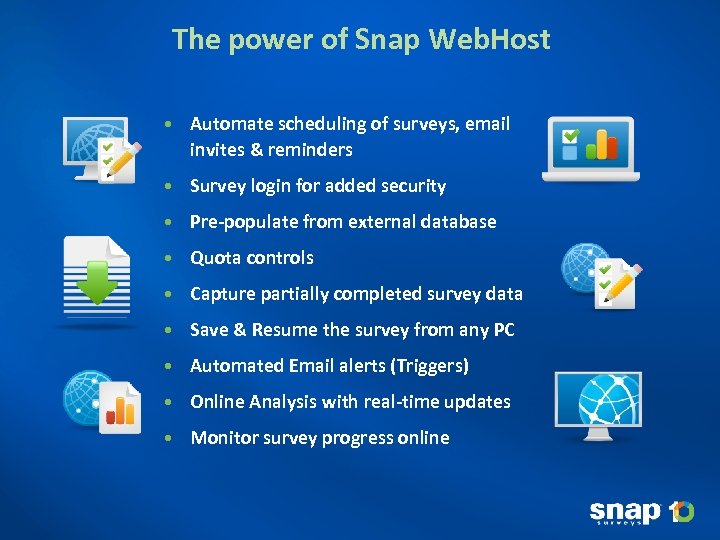 The power of Snap Web. Host • Automate scheduling of surveys, email invites &