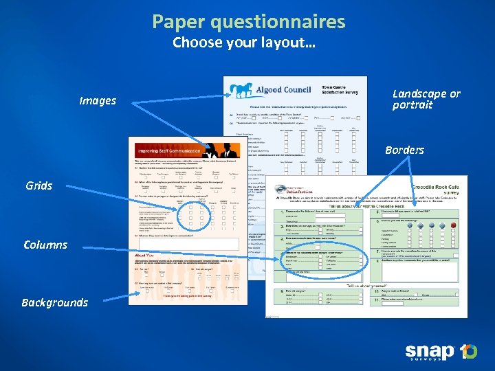 Paper questionnaires Choose your layout… Images Landscape or portrait Borders Grids Columns Backgrounds 