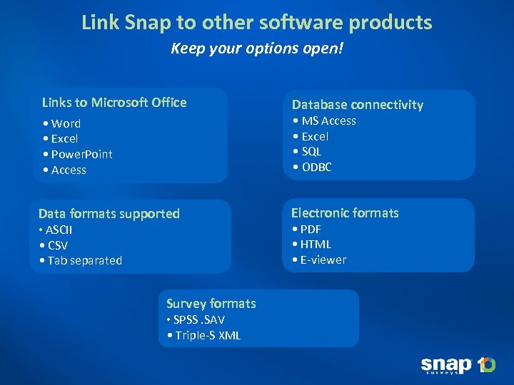 Link Snap to other software products Keep your options open! Links to Microsoft Office