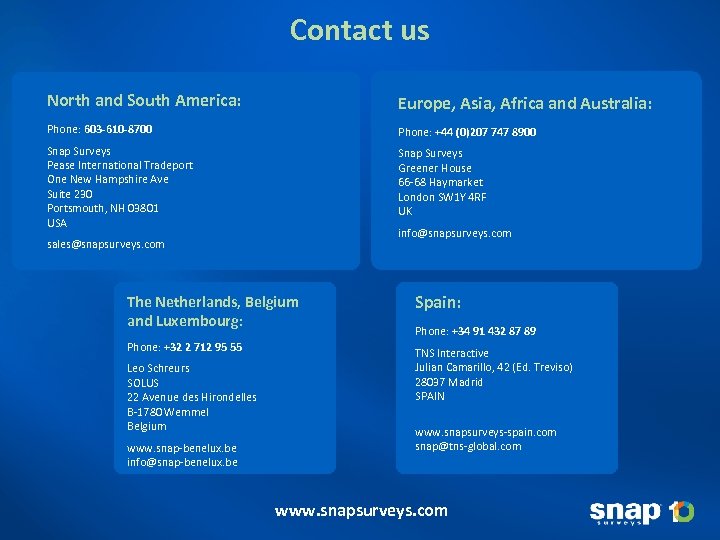 Contact us North and South America: Europe, Asia, Africa and Australia: Phone: 603 -610