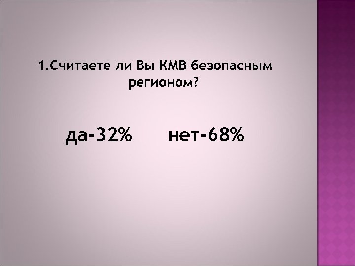 1. Считаете ли Вы КМВ безопасным регионом? да-32% нет-68% 