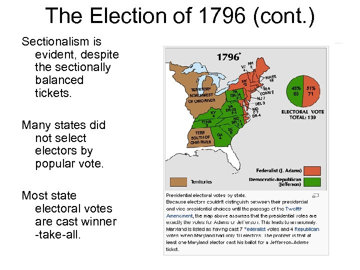 The Election of 1796 (cont. ) Sectionalism is evident, despite the sectionally balanced tickets.