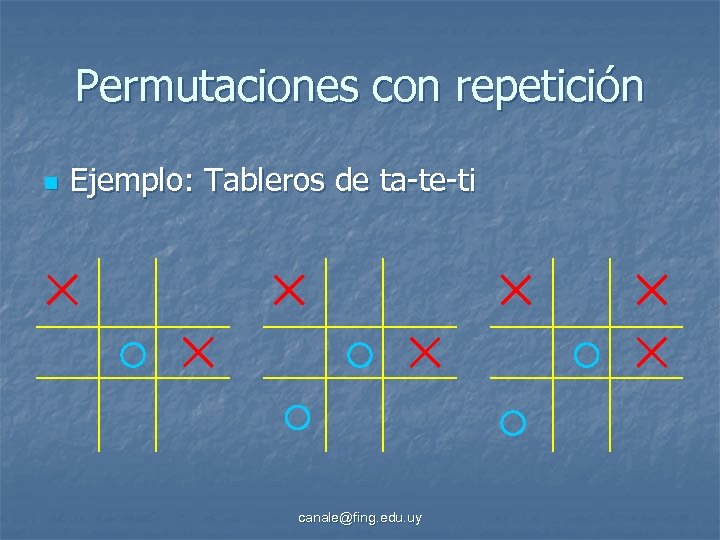 Permutaciones con repetición n Ejemplo: Tableros de ta-te-ti canale@fing. edu. uy 