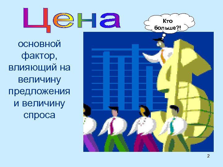 Кто больше? ! основной фактор, влияющий на величину предложения и величину спроса 2 
