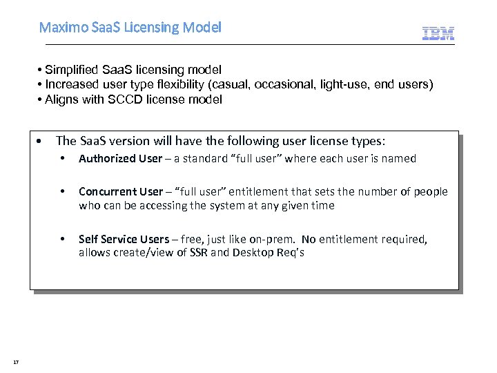 Maximo Saa. S Licensing Model • Simplified Saa. S licensing model • Increased user