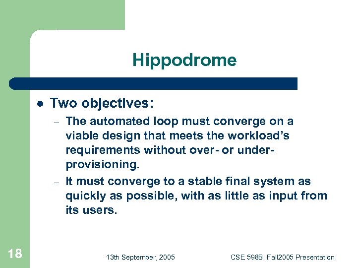 Hippodrome l Two objectives: – – 18 The automated loop must converge on a