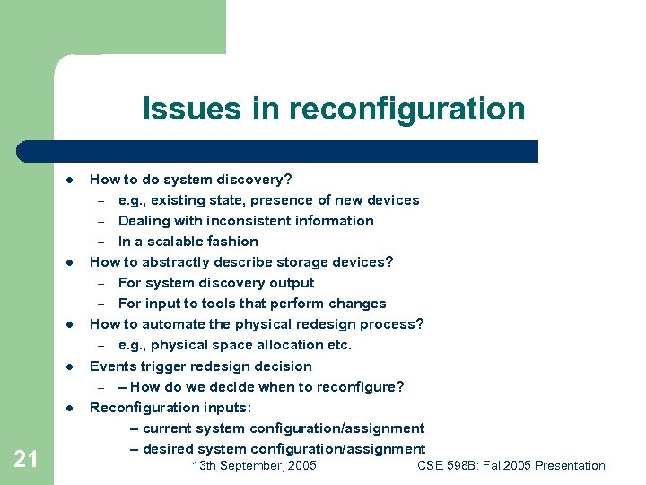 Issues in reconfiguration l l l 21 How to do system discovery? – e.