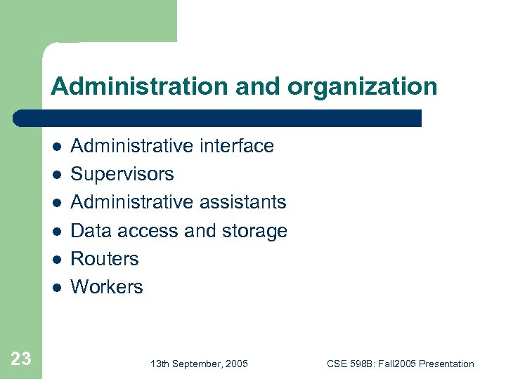 Administration and organization l l l 23 Administrative interface Supervisors Administrative assistants Data access