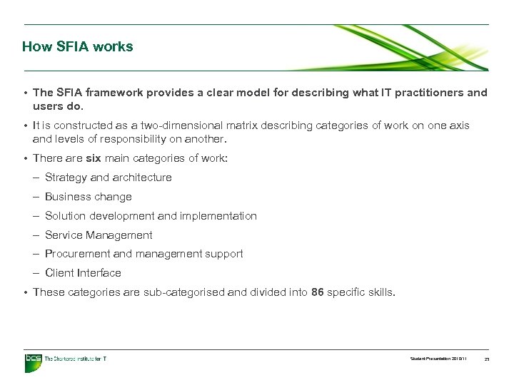 How SFIA works • The SFIA framework provides a clear model for describing what