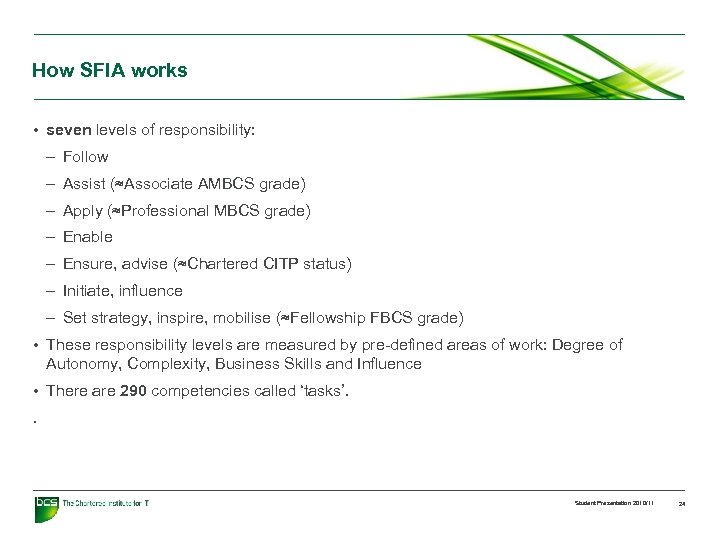 How SFIA works • seven levels of responsibility: – Follow – Assist (≈Associate AMBCS