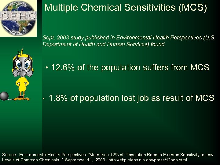 Multiple Chemical Sensitivities (MCS) Sept. 2003 study published in Environmental Health Perspectives (U. S.