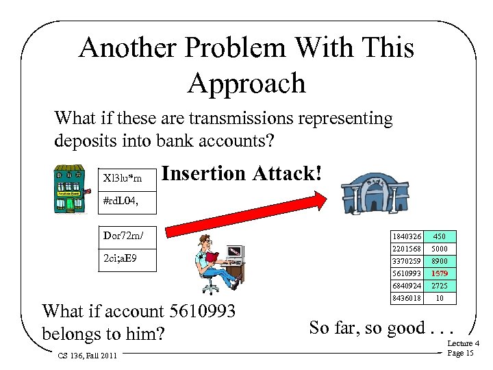 Another Problem With This Approach What if these are transmissions representing deposits into bank