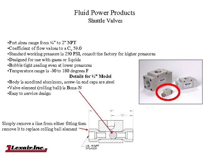 Fluid Power Products Shuttle Valves • Port sizes range from ¼” to 2” NPT