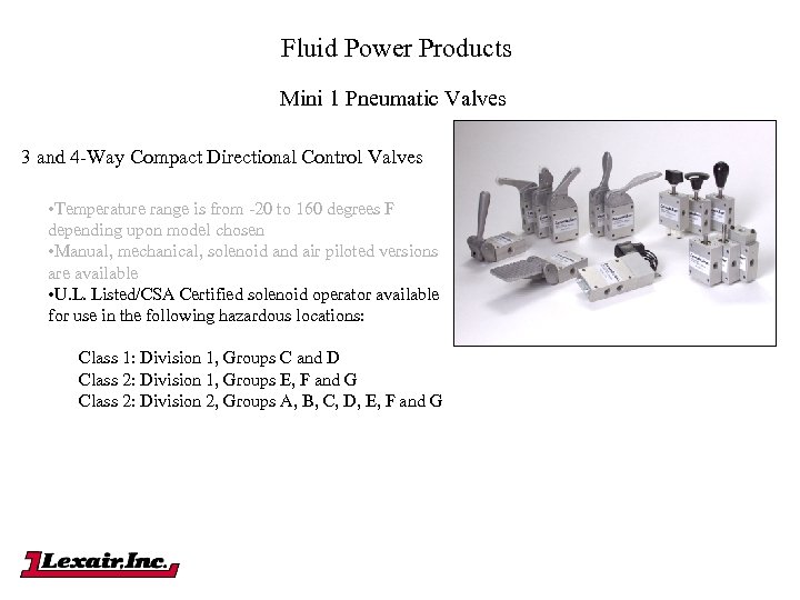 Fluid Power Products Mini 1 Pneumatic Valves 3 and 4 -Way Compact Directional Control
