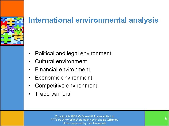 International environmental analysis • Political and legal environment. • Cultural environment. • Financial environment.