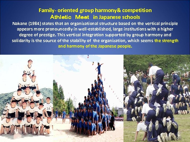 Family- oriented group harmony& competition Ａｔｈｌｅｔｉｃ　Ｍｅｅｔ　in Japanese schools Nakane (1984) states that an organizational