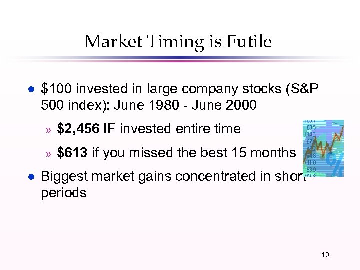 Market Timing is Futile l $100 invested in large company stocks (S&P 500 index):