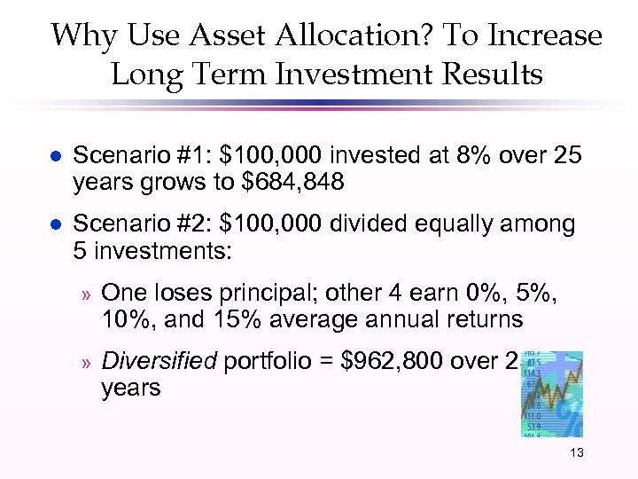 Why Use Asset Allocation? To Increase Long Term Investment Results l Scenario #1: $100,