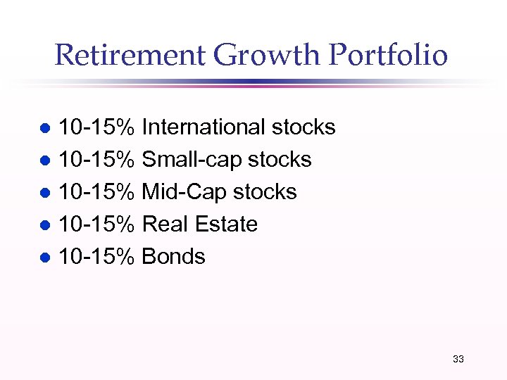 Retirement Growth Portfolio 10 -15% International stocks l 10 -15% Small-cap stocks l 10