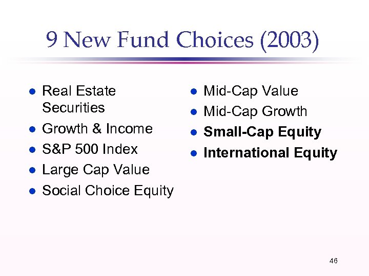 9 New Fund Choices (2003) l l l Real Estate Securities Growth & Income