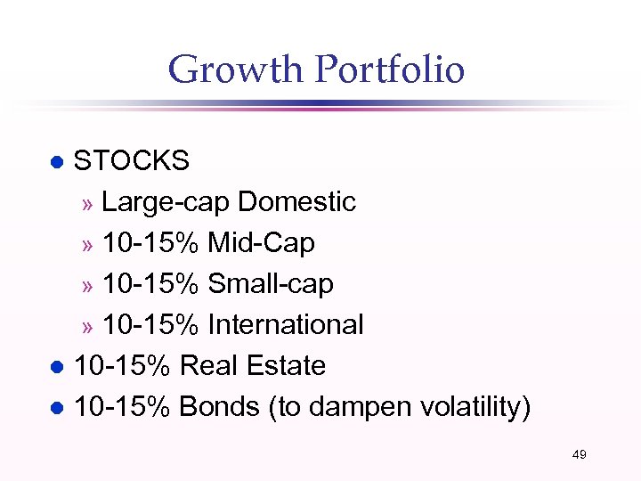 Growth Portfolio STOCKS » Large-cap Domestic » 10 -15% Mid-Cap » 10 -15% Small-cap