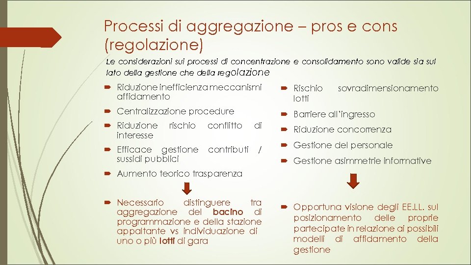 Processi di aggregazione – pros e cons (regolazione) Le considerazioni sui processi di concentrazione