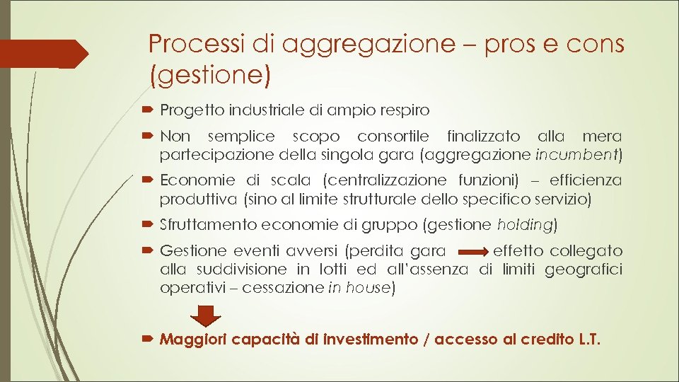 Processi di aggregazione – pros e cons (gestione) Progetto industriale di ampio respiro Non