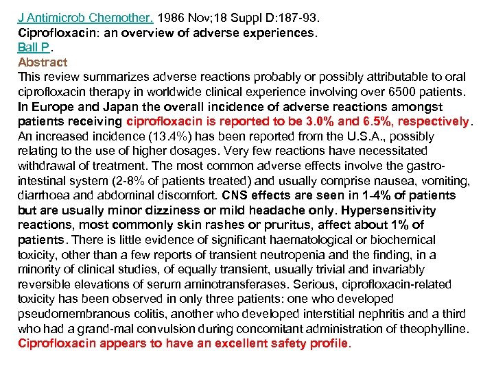 J Antimicrob Chemother. 1986 Nov; 18 Suppl D: 187 -93. Ciprofloxacin: an overview of