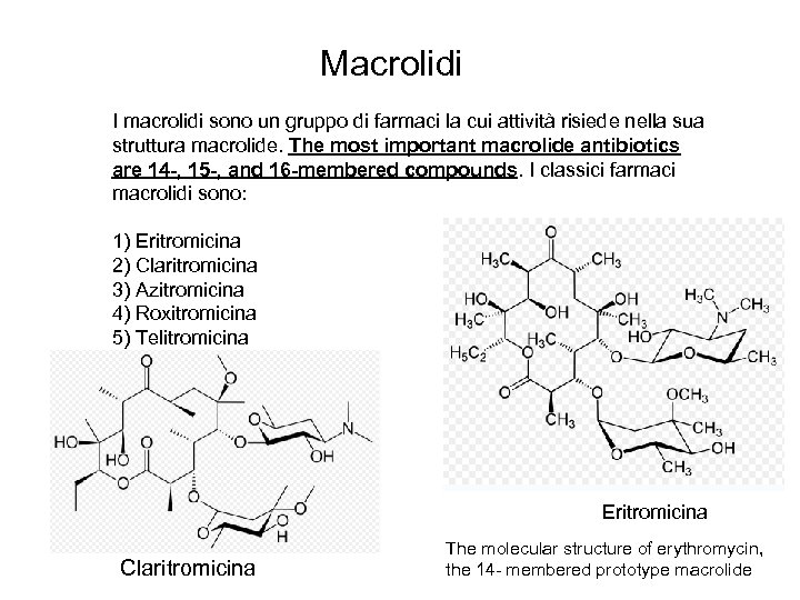 Macrolidi I macrolidi sono un gruppo di farmaci la cui attività risiede nella sua