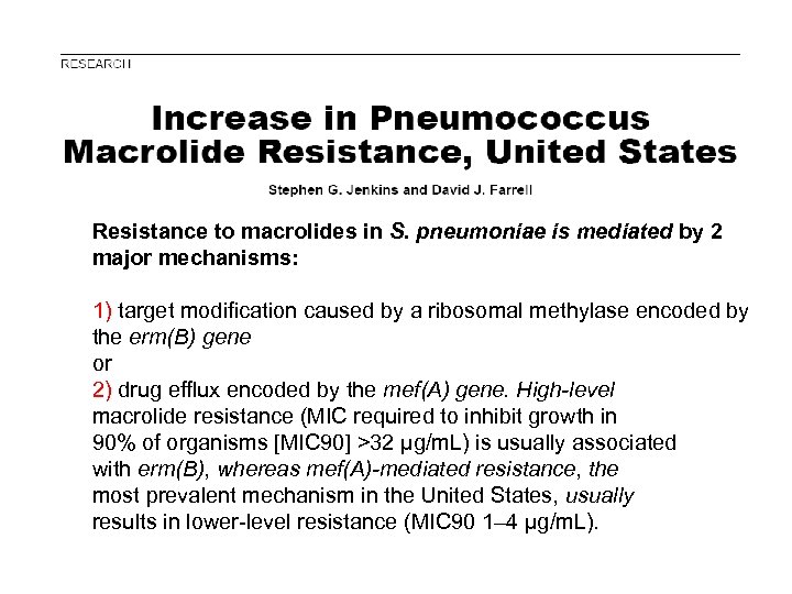Resistance to macrolides in S. pneumoniae is mediated by 2 major mechanisms: 1) target