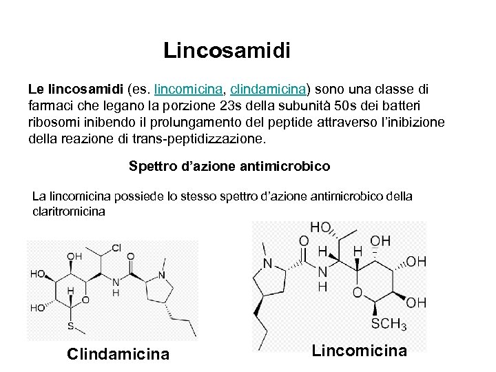 Lincosamidi Le lincosamidi (es. lincomicina, clindamicina) sono una classe di farmaci che legano la