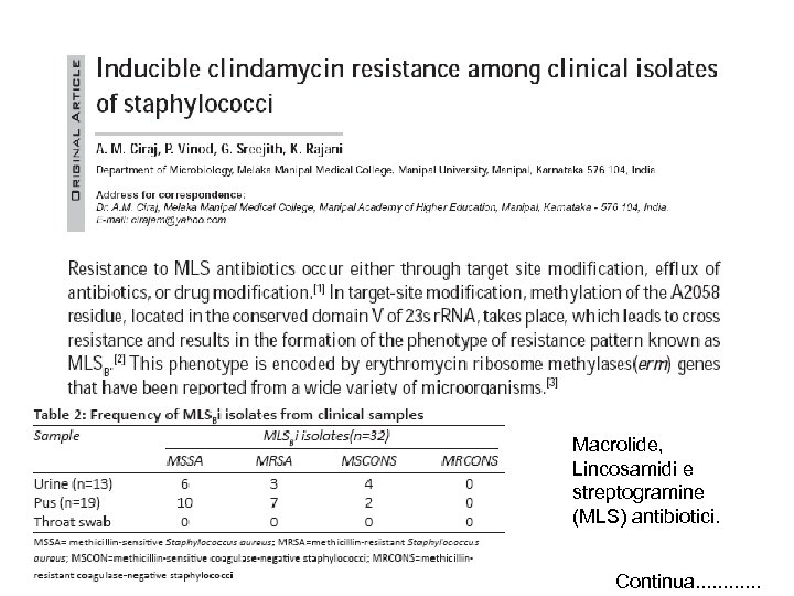 Macrolide, Lincosamidi e streptogramine (MLS) antibiotici. Continua. . . 