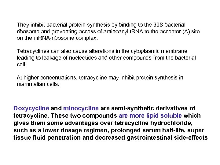 They inhibit bacterial protein synthesis by binding to the 30 S bacterial ribosome and