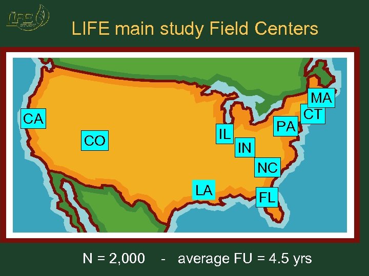 LIFE main study Field Centers CA IL CO PA MA CT IN NC LA