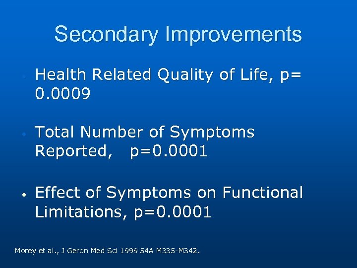 Secondary Improvements • • • Health Related Quality of Life, p= 0. 0009 Total