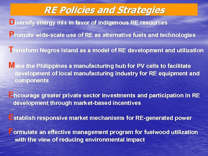 RE Policies and Strategies Diversify energy mix in favor of indigenous RE resources Promote