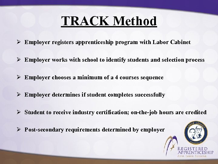 TRACK Method Ø Employer registers apprenticeship program with Labor Cabinet Ø Employer works with