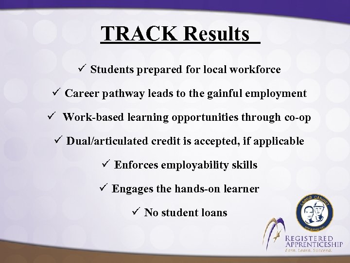 TRACK Results ü Students prepared for local workforce ü Career pathway leads to the